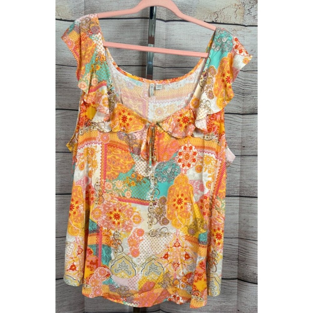 Cato 22/24W Cottagecore Floral Ruffle Tank Rayon Flowy Top Multicolor NWOT